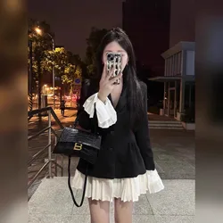 Women Contrast Color Long-sleeved Blazer Dress Female Single Breasted Sweet Patchwork Ruffles Suit Tops Dresses