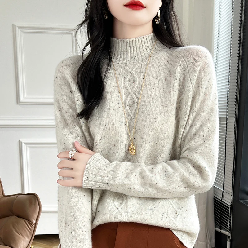 Spotted Autumn/Winter new 100% Merino wool cashmere pullover Women's semi-turtleneck pullover warm bottom knit shirt top