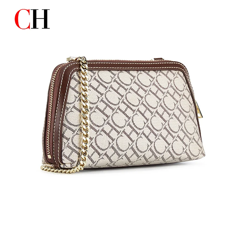CH Vintage Letter Print Women Mini Crossbody Bag PU Leather Chain Shoulder Bag Small Zipper Clutch Purse Daily Handbag