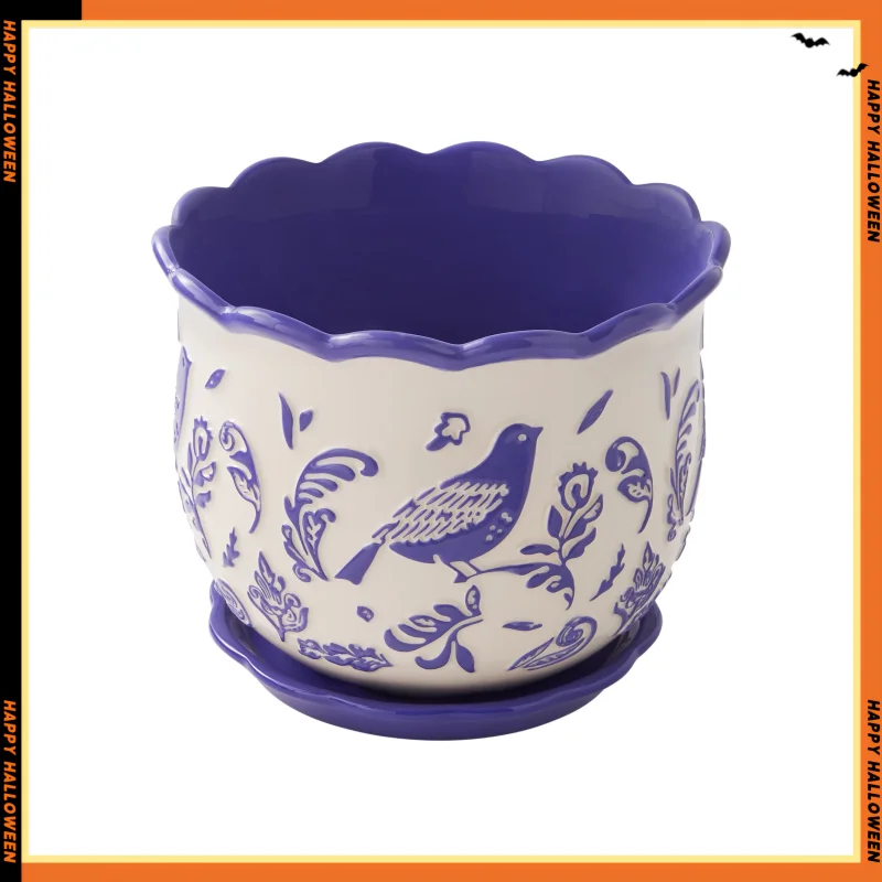 

Mazie Bird 8" Round Ceramic Planter, Cobalt, Includes drainage plug for easy watering