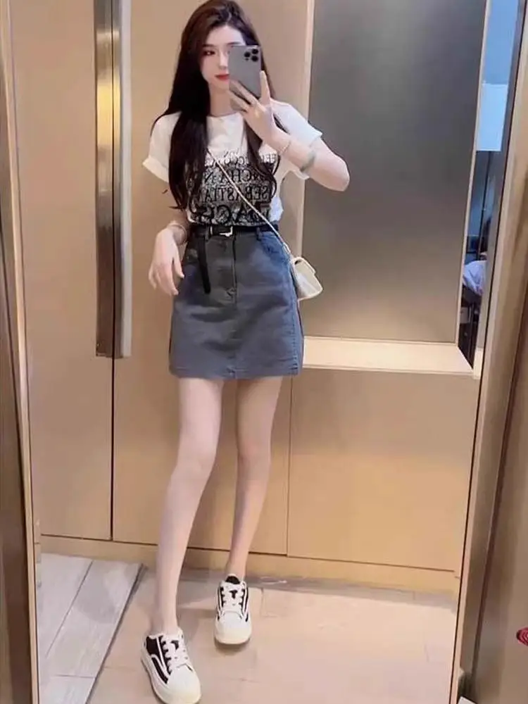 

2026 Summer New Korean Style Fashionable Denim Skirt Set Women's Short Sleeve round Neck Two-Piece Ensemble Anti-Aging