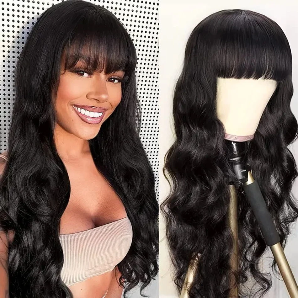 Wig gelombang tubuh dengan poni rambut manusia Brasil obral Wig mesin penuh dibuat Wig pinggiran UNTUK WANITA HITAM 100% rambut manusia asli