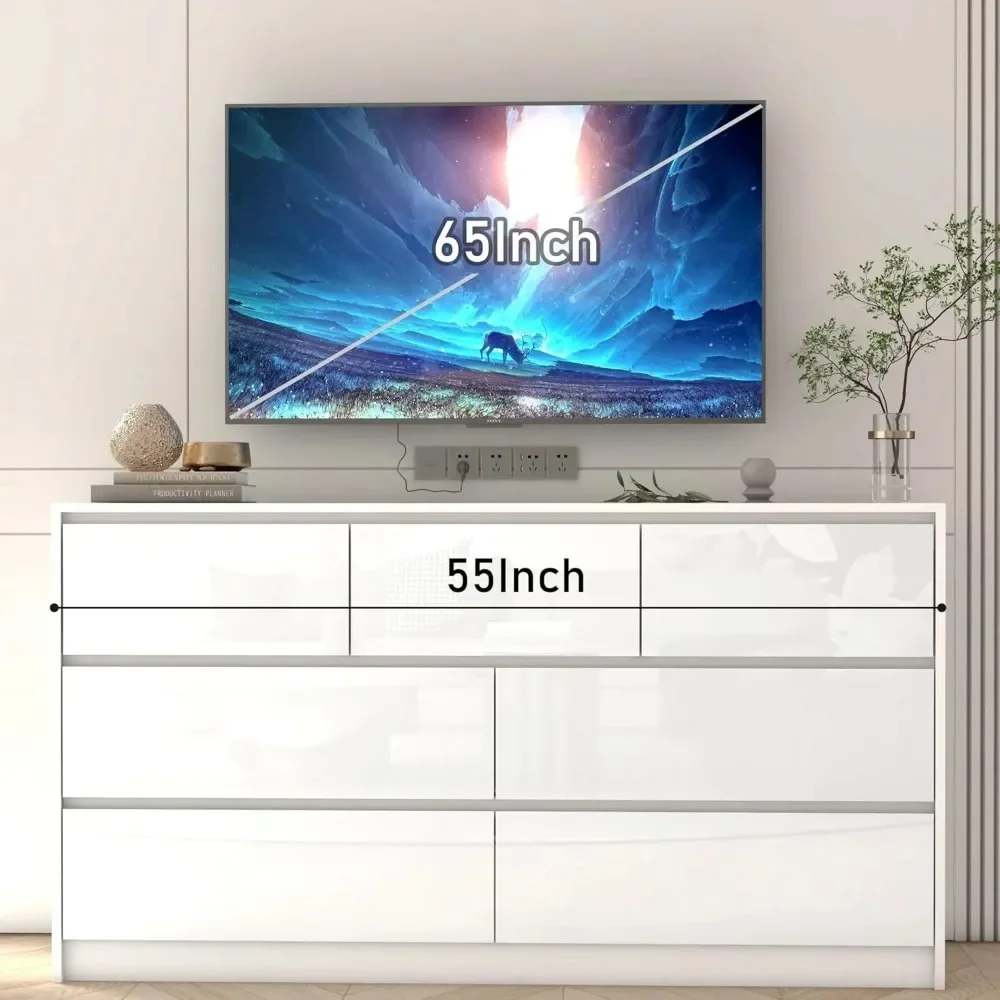 طاولة زينة بيضاء في غرفة النوم، طاولة تزيين بطول 55 بوصة، طاولة زينة عالية اللمعان مع 7 أدراج، خزانة بأدراج خشبية