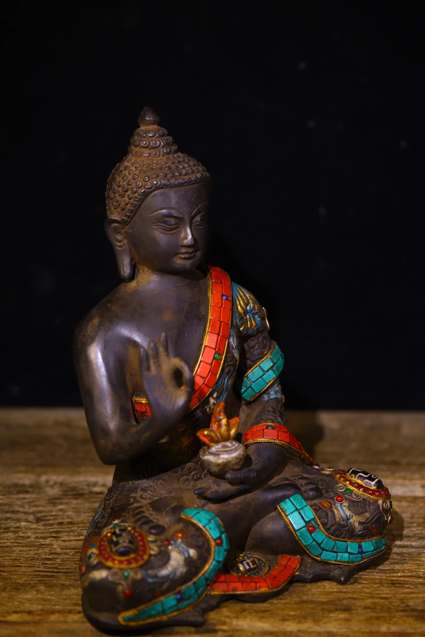 

11"Tibetan Temple Collection Old Bronze Painted Mosaic Gem gZi Beads Turquoise Shakyamuni Sitting Buddha Amitabha Worship Hall