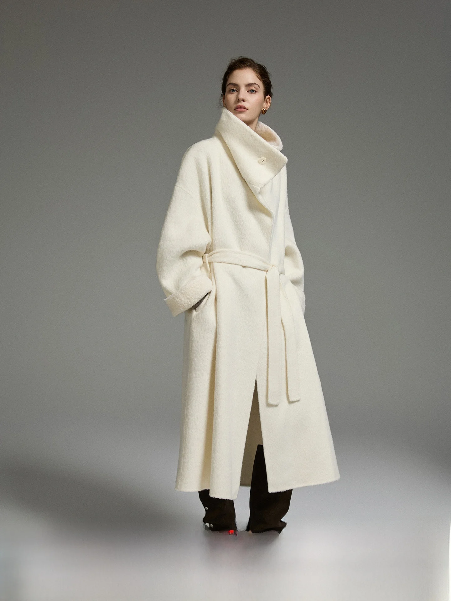 

Двустороннее шерстяное пальто Ele для женщин, длинное, с меховым воротником, цвет «соус-пурпур», элитное, осенне-зимняя верхняя одежда