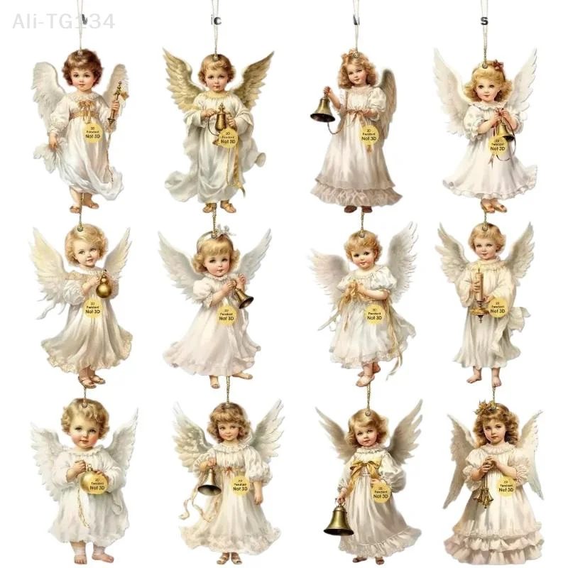12 قطعة من المعلقات الخشبية الملاك لعيد الميلاد العتيق، زخارف معلقة من الخشب الاصطناعي مثالية لتزيين العطلات في المنزل والخارجية SHIDWJ