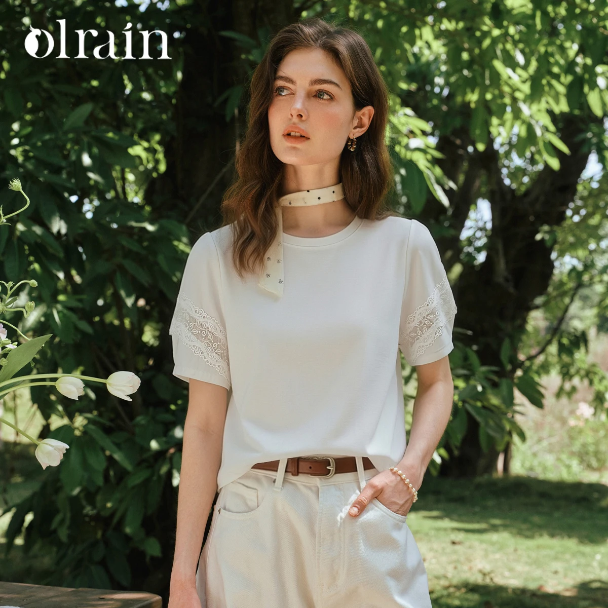 OLrain Minimalist Commuter Short Sleeve Top Women 2026 Summer Lace Splicing Lantern Sleeve Ribbed Crew Neck T-shirt O58XT008288
