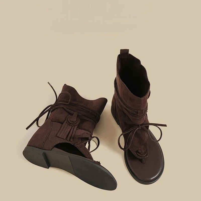 Bohemian Toe High Stack Cool Boots Solid Color Fringed Leather Flat Sandals Breathable Comfortable Women's Boots Summer Straps