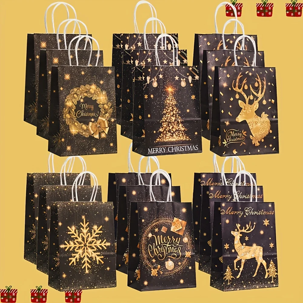 8.2x5.9x3.1in Black Golden Christmas Gift Bags with Handles, Festive Santa, Reindeer, Snowflakes, Christmas Tree Patterns(24pcs)