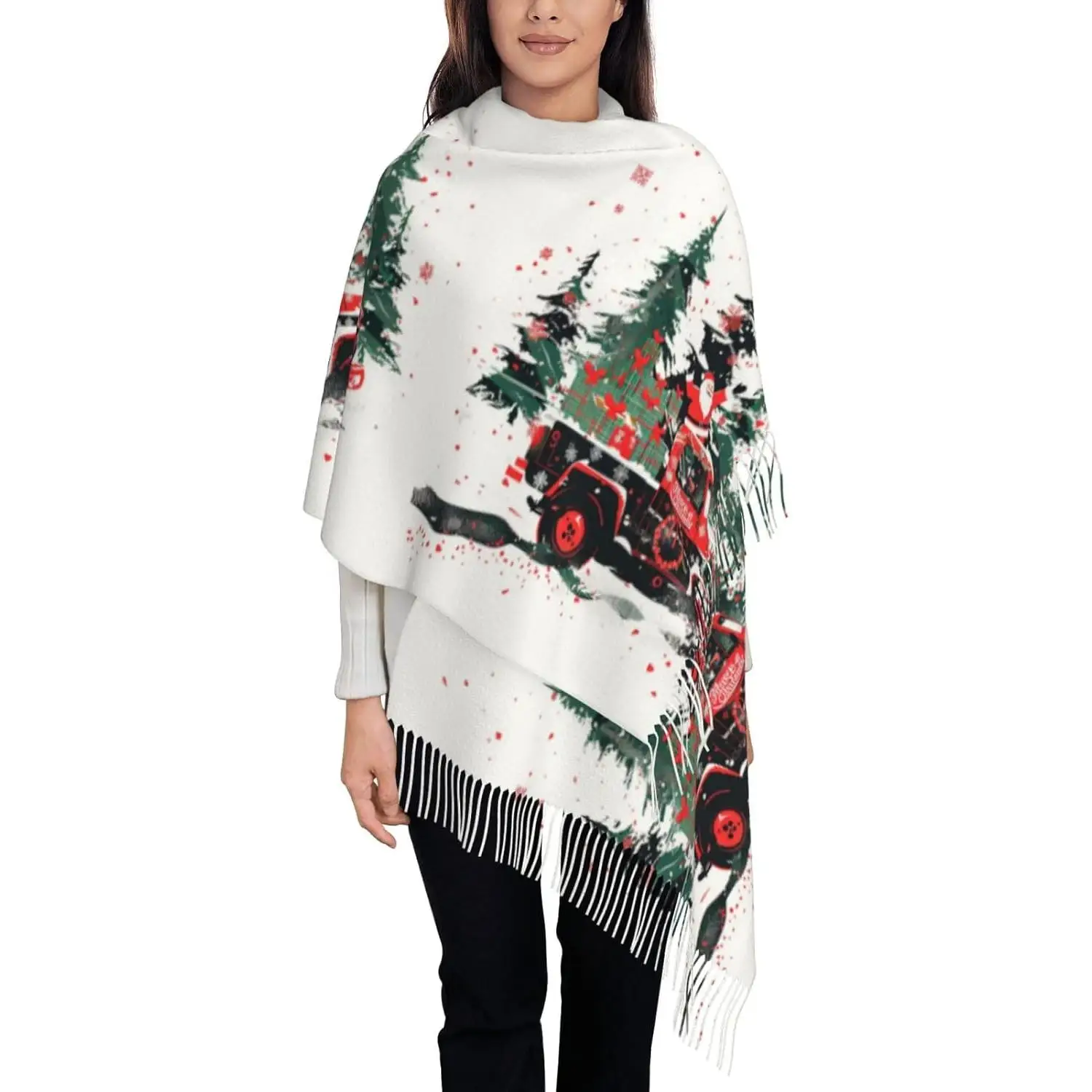 

Рождественский зимний мягкий шарф, женские теплые шали Санта-Клауса, уютный шарф с кисточками в виде снеговика и снежинки