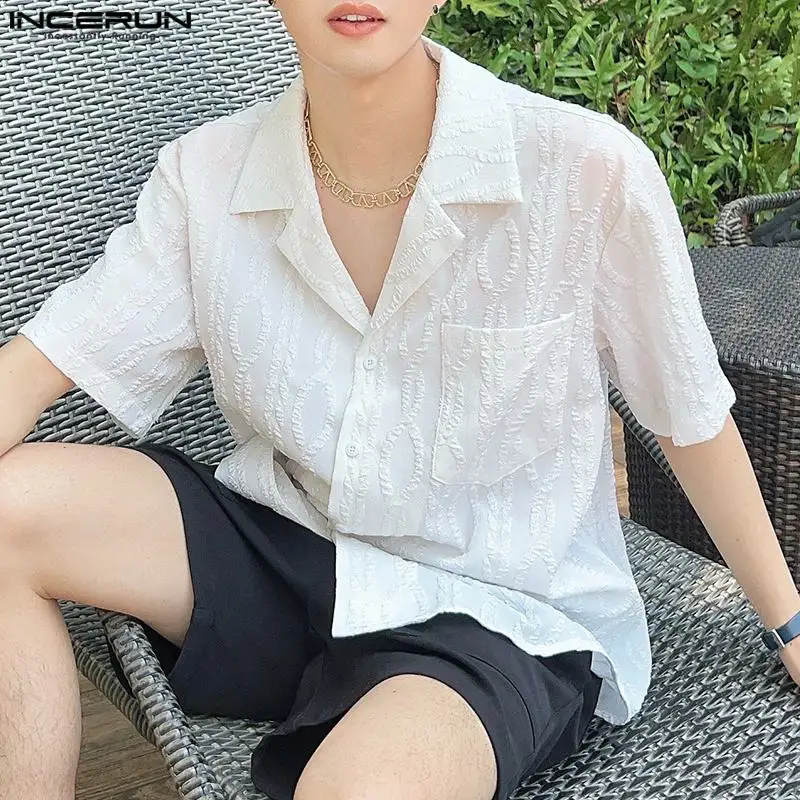 2024 Men Shirts Jacquard Lapel Short Sleeve Casual Men Clothing Streetwear Summer Korean Style Leisure Male Shirts S-5XL INCERUN