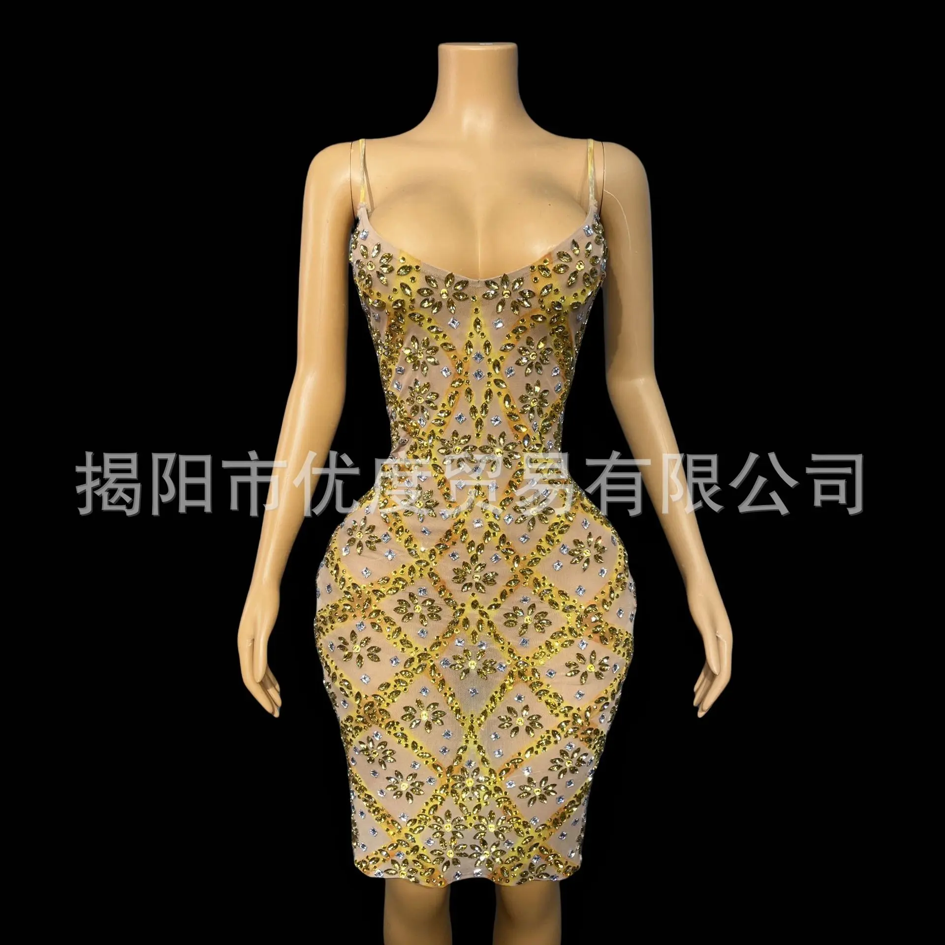 Gold Glam Rhinestone Slip Skirt Stretch Birthday Party Cocktail Party Stage Performance Costume Chrysanthemum Tea Abiti Da Festa