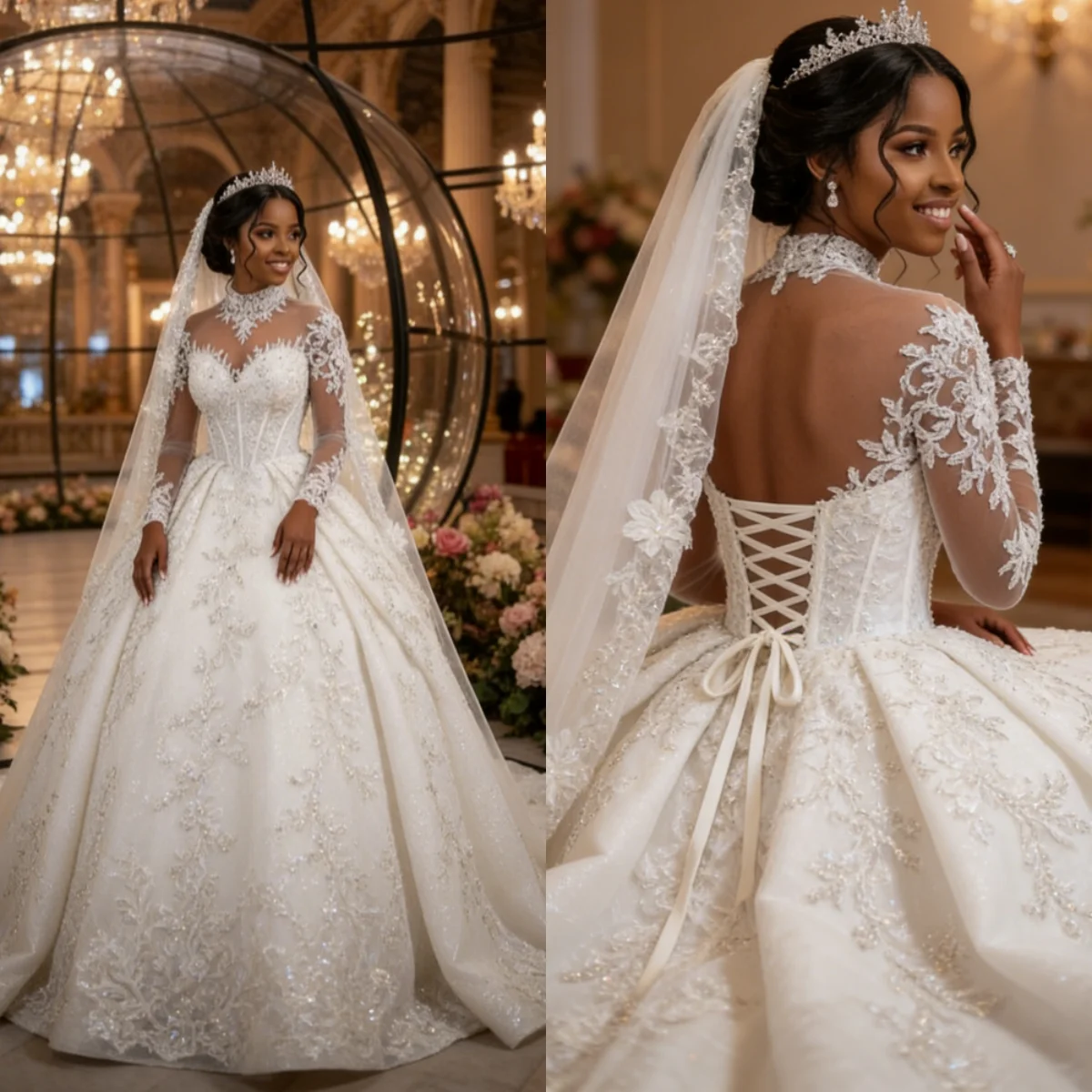 

Элегантное женское свадебное платье на заказ: белое с коричневыми вставками, с высоким воротом, длинными рукавами, из атласа, с кружевными аппликациями, вышивкой бисером и пайетками на юбке