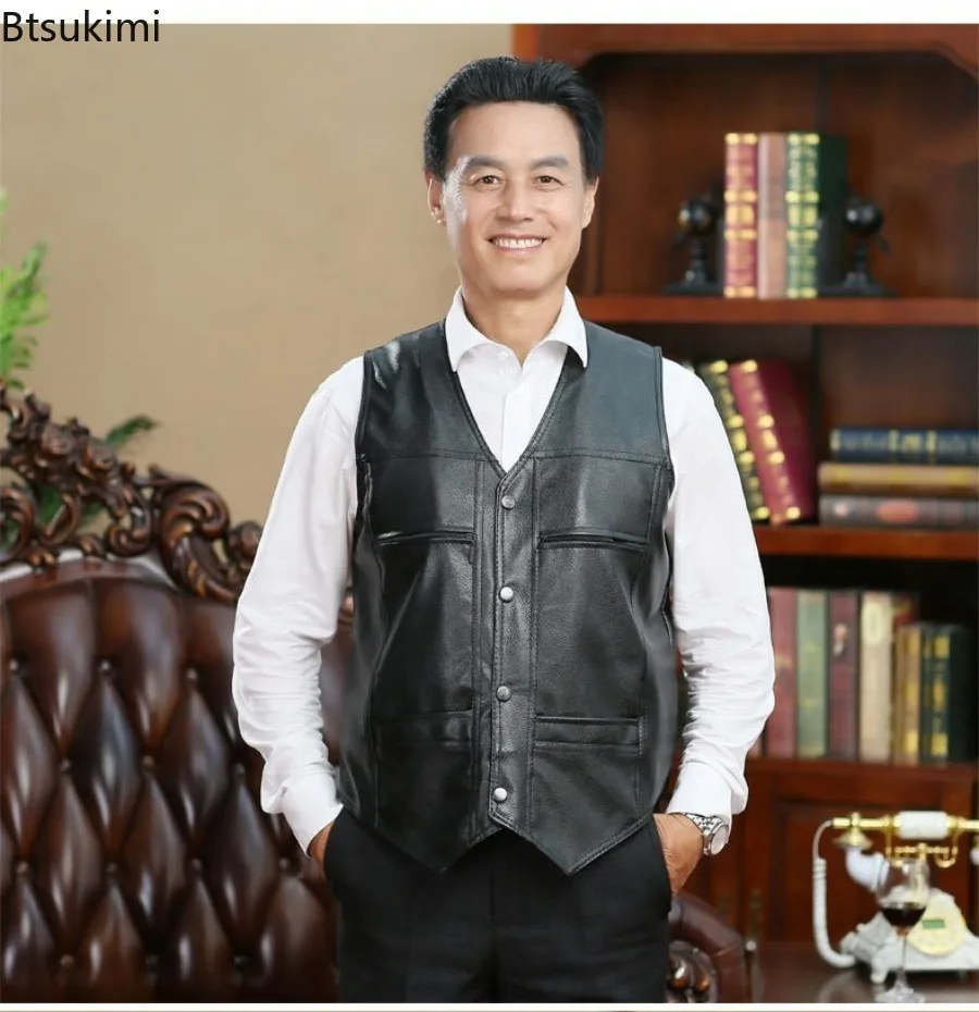 Autumn Winter New Men's Leather Vest Fleece Lining Warm Waistcoat Fashion V-neck Sleeveless Vest Jacket Handsome Motorcycle Vest view 5