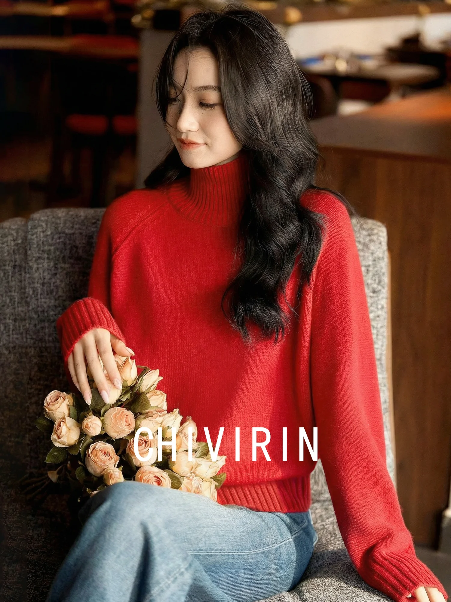 

Red Knitted High Collar Loose Long Sve Sweater New Year Simple Sle Commute Faion Ladies' Knitwear Coat for Women