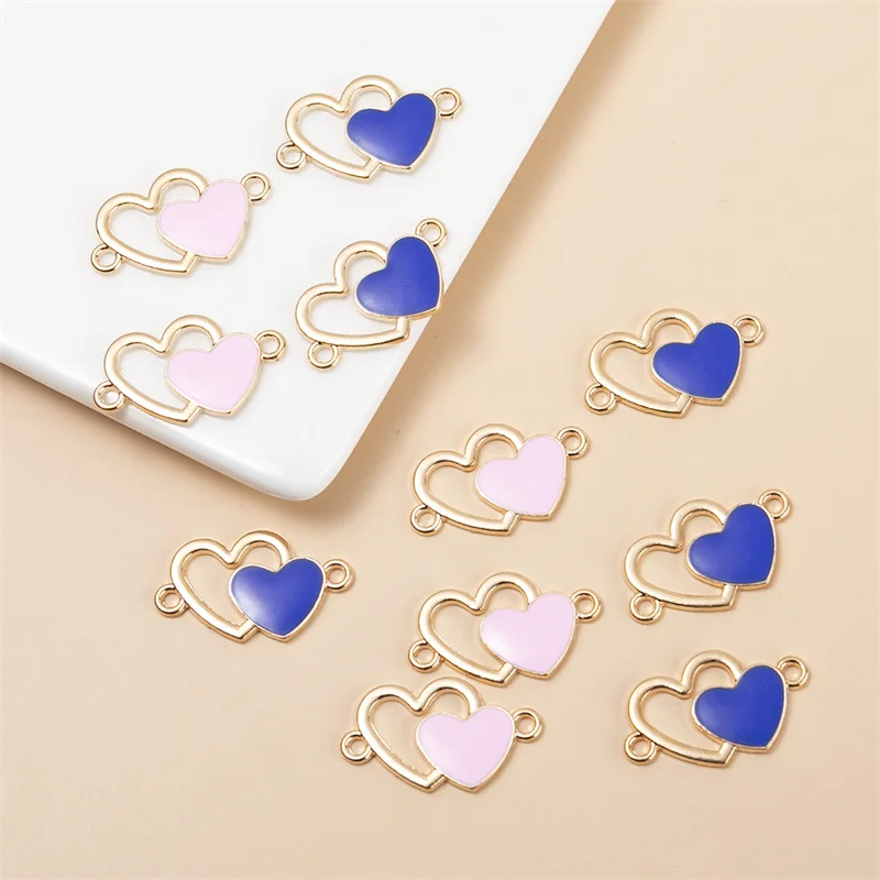 HEYUYAO 10pcs/loth 24*14MM Double Heart Enamel Charms Connector DIY Necklaces Bracelet for Jewelry Making Accessories