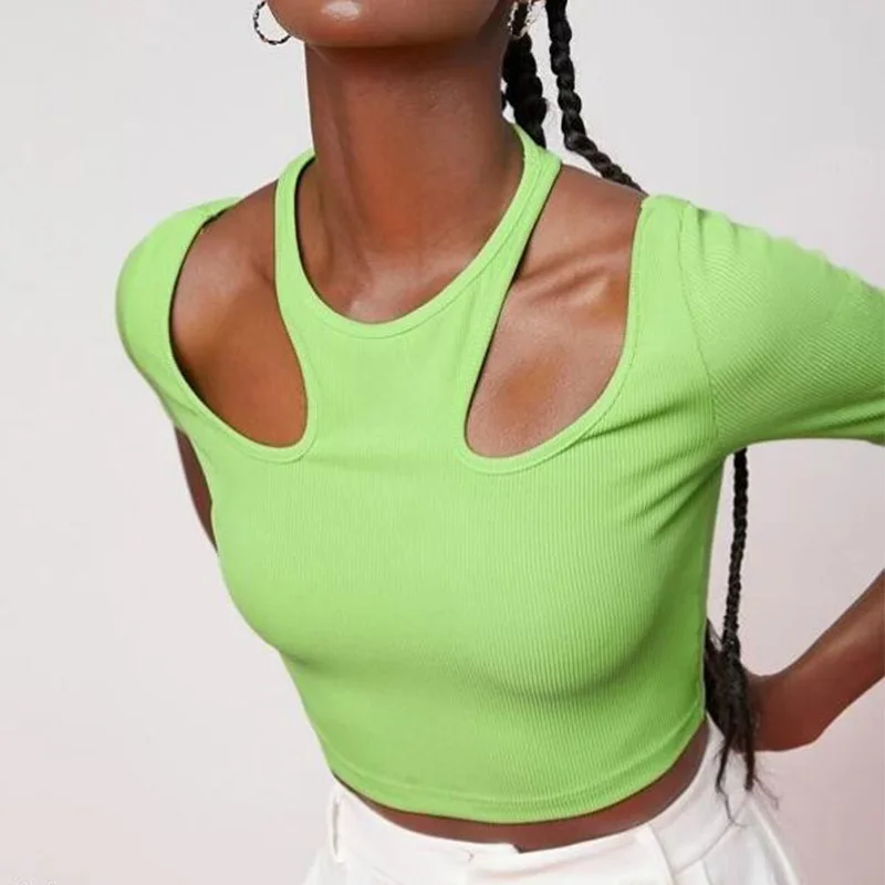 Sexy Shoulder Hollow Out  Bare Midriff Rib Knitted T Shirt Women Light Green Bottoming Shirt Ladies Tee Shirt Tops Mujer