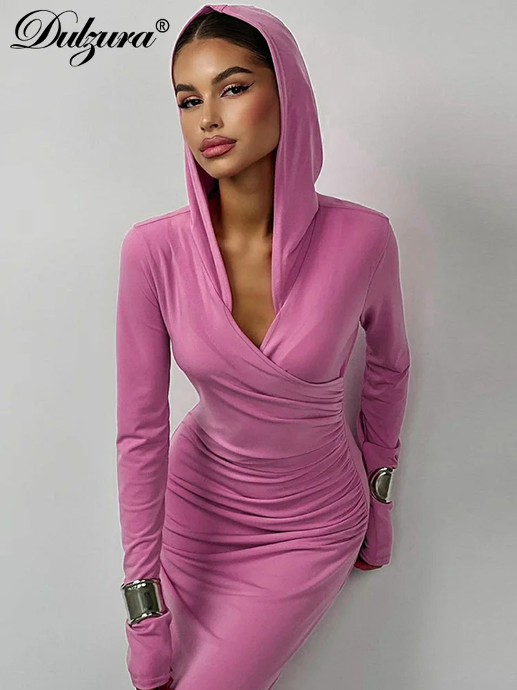 Dulzura Solid Pure Color Hooded Ruched V-Neck Long Sleeves Maxi Dress 2024 Autumn Winter Women Sexy Clubwear Birthday Party