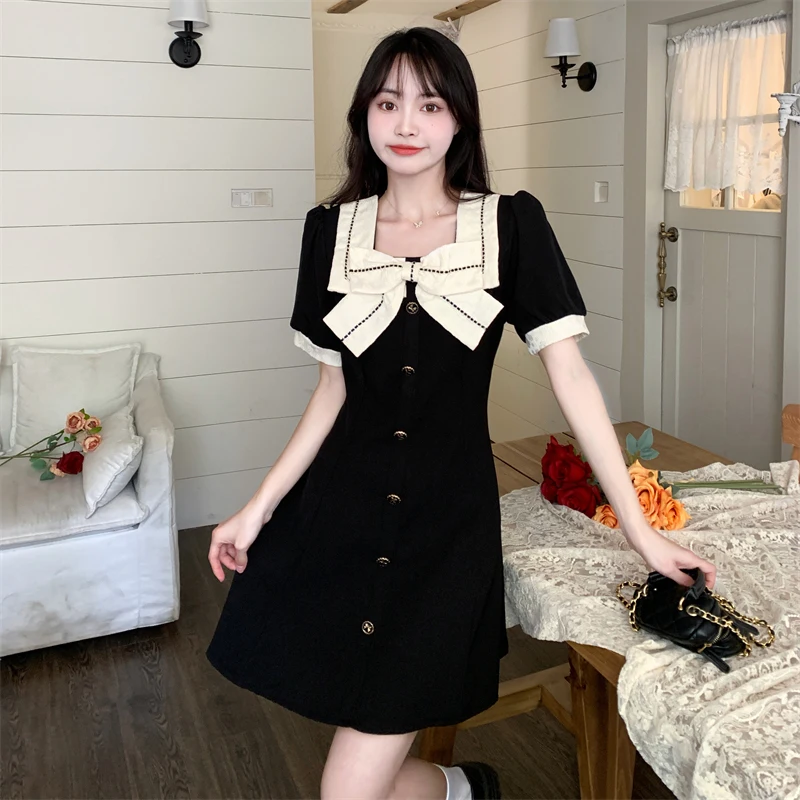 High Waist Dress Women Summer Bow Sweet Square Collar Short Sleeve Princess Girlish Elegant Office Lady Korean Style Preppy Chic