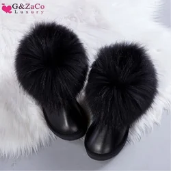 G&Zaco Luxury Natural Black Fox Fur Snow Boots Waterproof Cowskin Boots Ankle Boots Real Fur Genuine Leather Women Flat Shoes