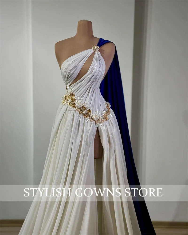 Sexy White One Shoulder Evening Dress 3D Flowers Elegant Wedding Sleeveless Royal Blue Cpae Party Prom Dresses Robe Customized