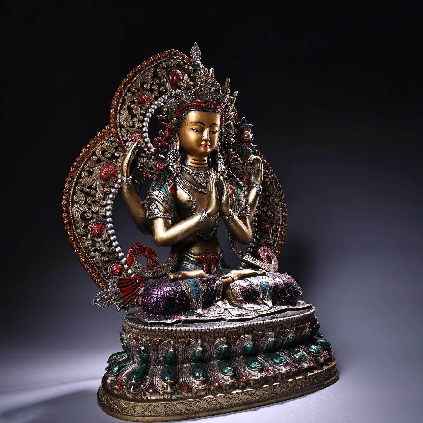Tibetan Copper Painted Gold Highlight Four-Armed Guanyin Statue Serene Face Fine Craft Heavy Patina