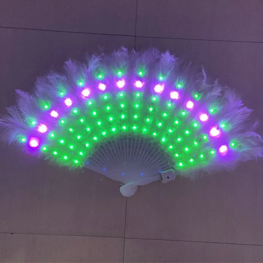 RGB Changeable Feather Glow Folding Fan LED Dancing Light Night Fluorescent Bar Led Fan Lamp For Nightclub Party Wedding Decor