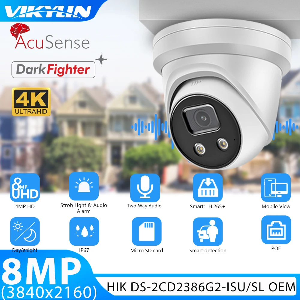 Vikylin IP Security Camera 8MP 4K 2CD2386G2-ISU/SL For Hik OEM PoE Cam with MIC Sound light warn Human Vehicle Detection SD Slot