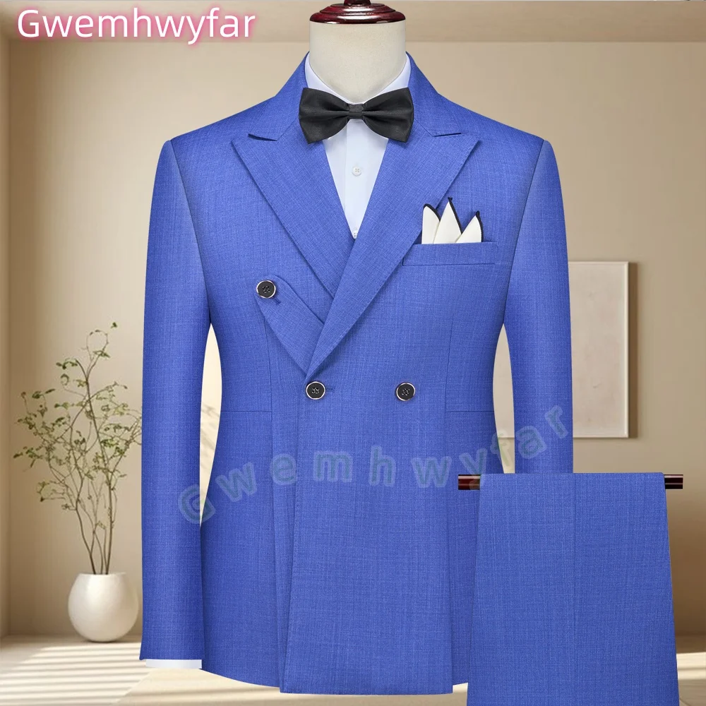 

Gwenhwyfar Blue Men's Suit Classic Peak Lapel Blazer Double Breasted Formal Set Business Casual Male Clothing With Chest Belt