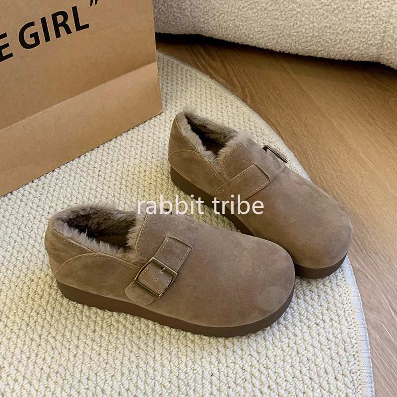 

2026 New Retro Suede Thick-soled Loafers for Women Autumn-winter Fashion Round-toe Padded Warm and Slip-resistant Cotton Shoes