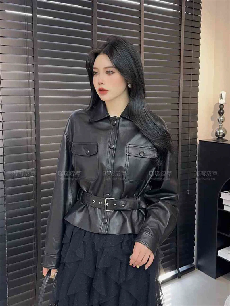 Giacca in pelle Giacche da donna Primavera e autunno Moda Risvolto Cintura monopetto Moda Breve Bellissimo cappotto in pelle Donna