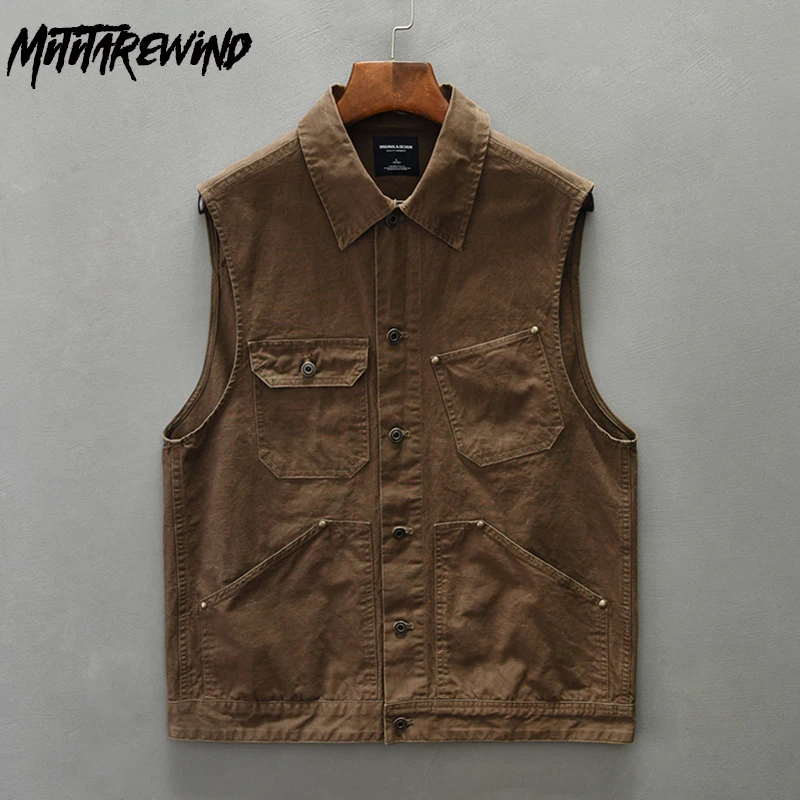 

Japanese Fashion Vests for Men Outdoor Retro Working Vest Cotton Causal Single Breasted Multi-pockets Men's Sleeveless Jacket