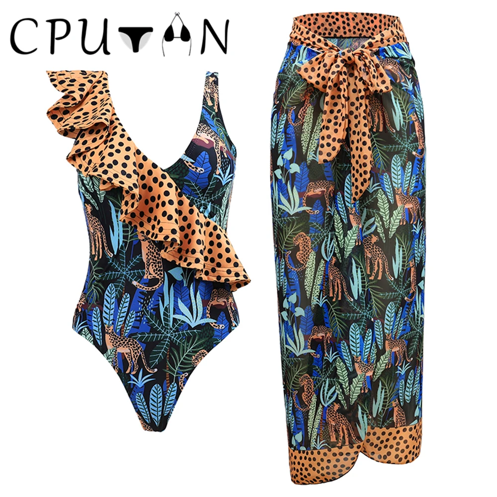 CPUTAN 2024 seksowny marszczony strój Bikini strój kąpielowy spódnica na plażę Monokini Leopard nadruk w stylu Vintage brazylijskie Biquini stroje