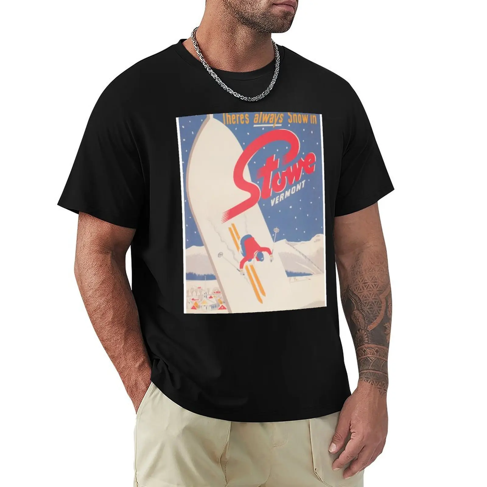 Stowe Vermont Vintage Ski Travel Poster. T-Shirt Simple Casual Short Sleeve Cotton T-Shirt