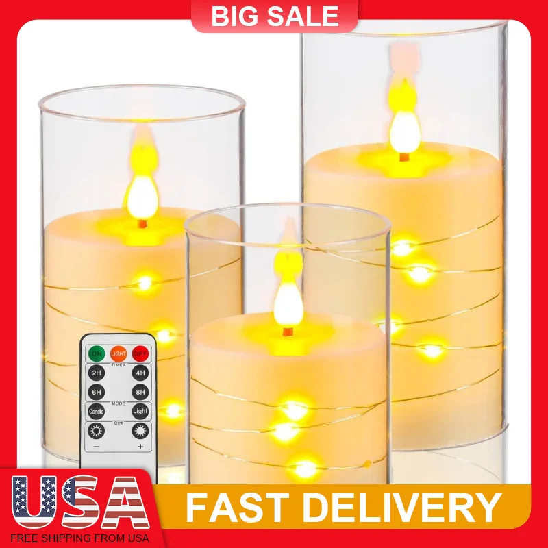 

3 Pack Acrylic LED Flameless Candles with Remote Timer Star String Lights Battery Operated for Home Holiday Wedding Party Decor