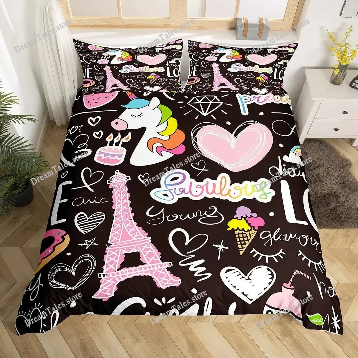 

Eiffel Tower Duvet Cover Rose Paris Tower Bedding Set for Kids Boys Girls Comforter Cover French Paris Cityscape Bedspread Cover