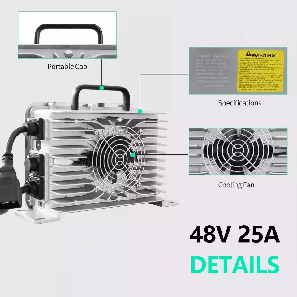 Cargador de 48V(58.4V) 25A para batería de litio LifePO4, cargador de batería de carrito de Golf para Club Car Precedent Onward Tempo