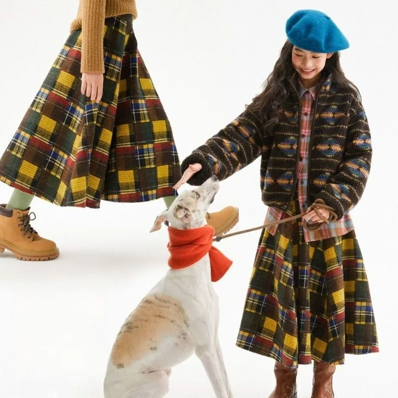 Vintage Plaid Bohemian A Line Skirt with Elastic Waist Loose Boho Style Mid Length Skirt for Women Spring Autumn Versatile Dress