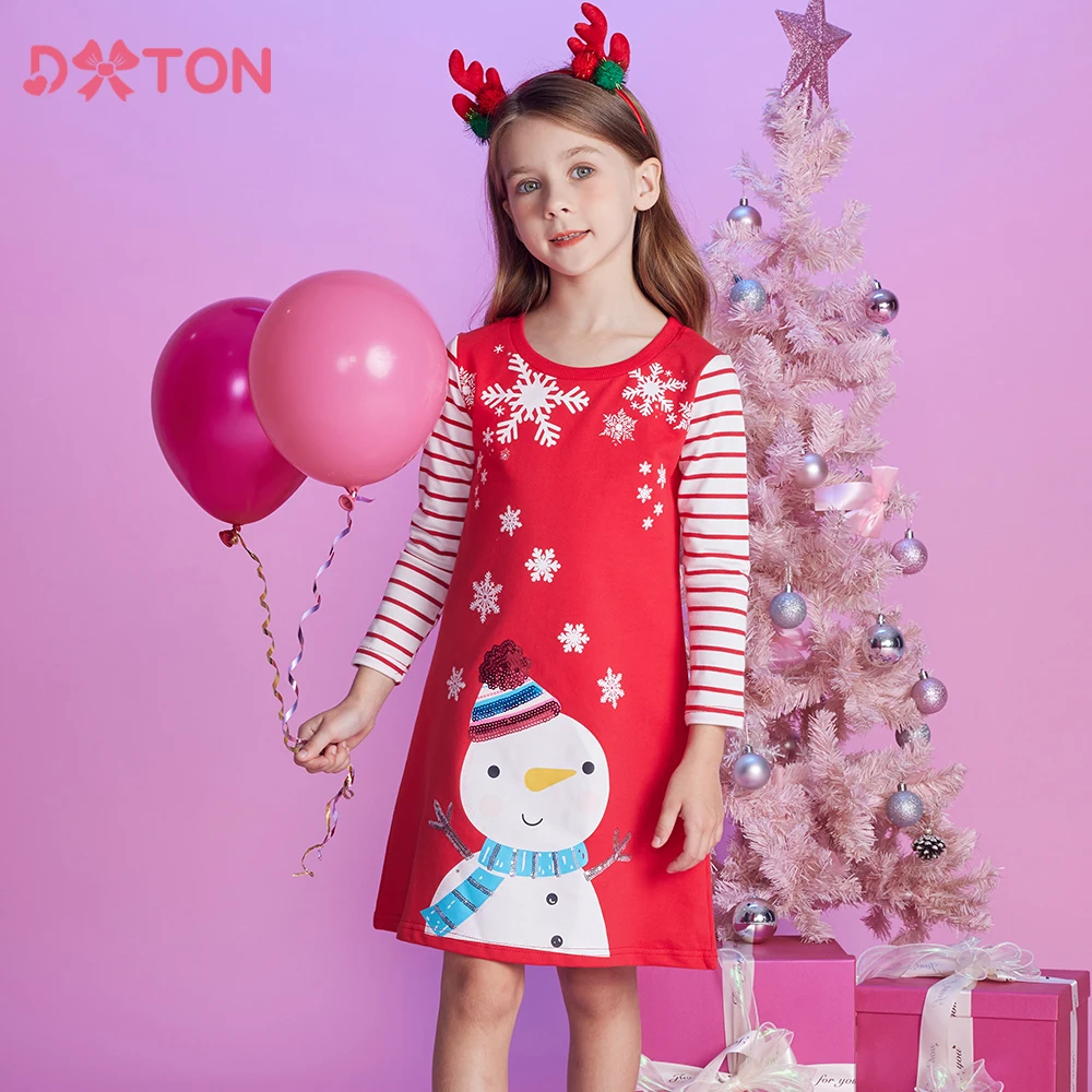 DXTON Christmas Girls Dresses Stripe Long Sleeve Winter Children Kids Dress Snowman 2024 New Year Party Cotton Toddlers Costumes