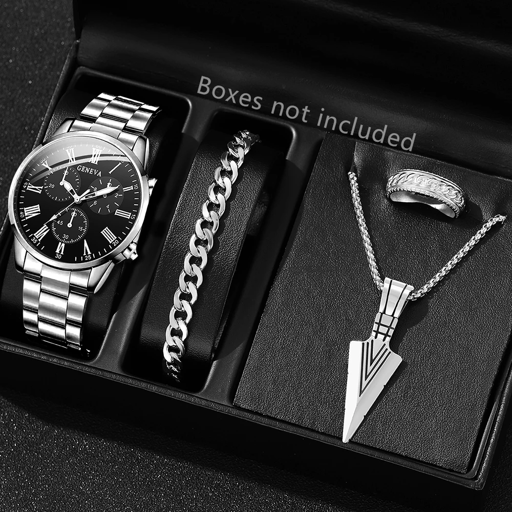 Business Men 4Pcs Jewelry Set Black Roman Dial Quartz Watch Spear Necklace Chain Bracelet Band Ring Daily Wear Accessories