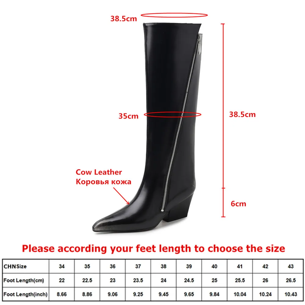MILI-MIYA Women's Calfskin Pointed-Toe Knee-High Boots With Square Heel Solid Colour And Diagonal Zip Fastening Fashion Boots