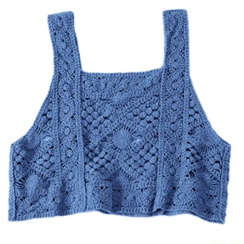 31BF Women Sleeveless Crop for Tank Top Hollow Crochet Knit Floral Square Neck Camiso