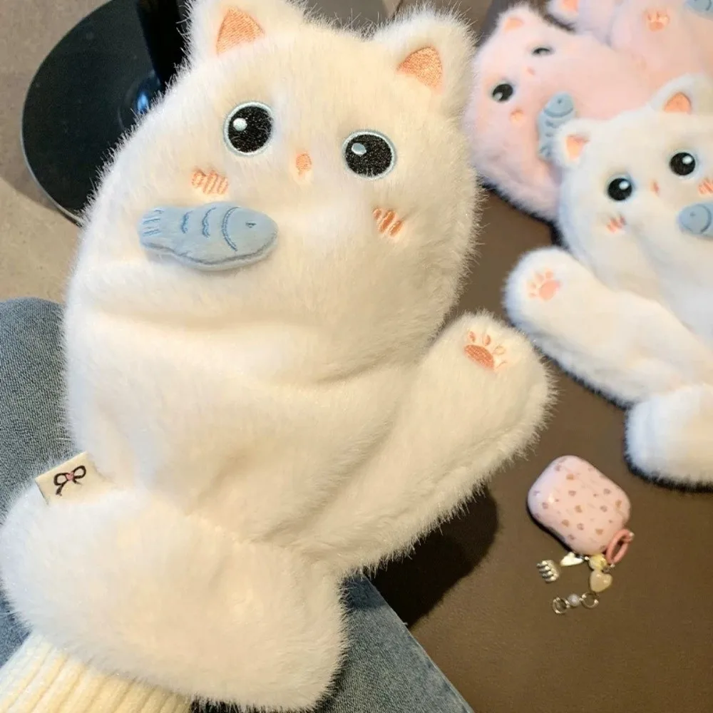 Cute Polyester Fleece Lined Fluffy Full Cover Mitten Gloves Fish Pattern Full Coverage Winter Gloves Cute Cat Gloves Commuting