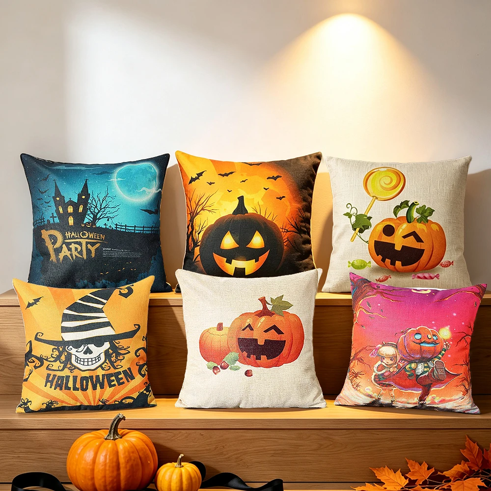 1pc Halloween Themed Linen Pillowcase, Sofa Bolster Pillowcase, Halloween Bat Castle Pumpkin Element Pillowcase (No Pillow Core)