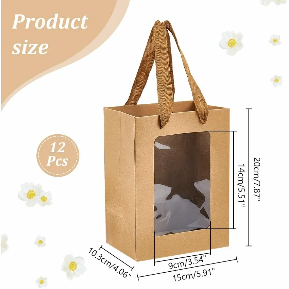 12 Pcs Kraft Paper Gift Bags with Clear Window 7.9x5.9x4.1inch Paper Gift Tote Bags with Handles Paper Shopping Bags