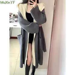 2024 Autumn New Clothing Women Long Hooded Sweater Cardigan Korean Lady Casual Loose Patchwork Gray Knit Overcoats New Knitwear