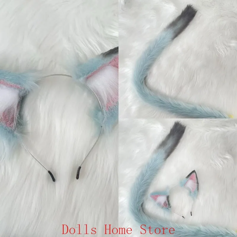 Anime Yani Neko Yani Satō Orejas y Cola de Gato Gris, Peluca de Cosplay, Diadema de Orejas de Gato Peludas, Cola de Gato Gris Oscuro Degradado para Juego de Roles