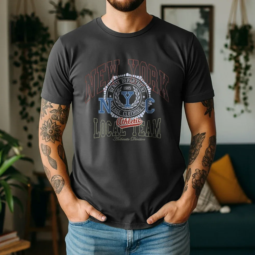 Mens 100% Cotton T Shirt New York City Local Team 1985 Athletic Vintage College Badge Print Breathable Short Sleeve Daily Wear