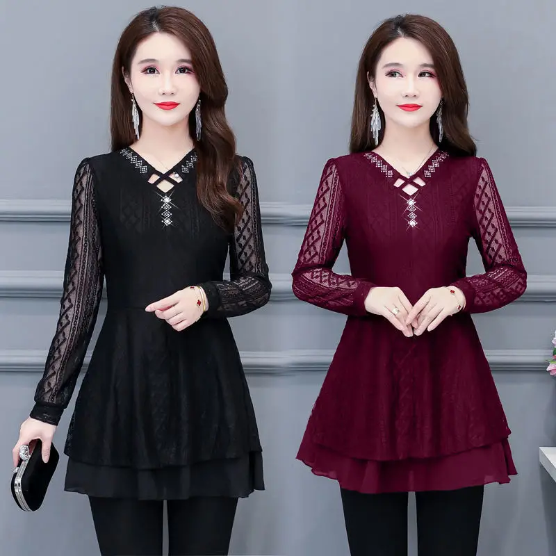 

Woman V-neck Lace Elegant Shirts Blusas Feminine Female New Ruffle Lace Blouses Shirt Ladies Long-Sleeved Cardigan Tops G411