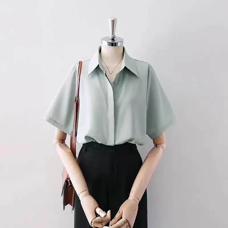 Blouse For Women Summer Solid Color Short Sleeve Korean Fashion Tops Casual Office Lady Wear Elegant Female Clothes Simple Shirt